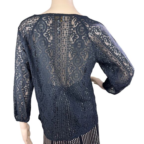 Laundry by Shelli Segal Black Lace See Thru Split Neck 3/4 Sleeve Blouse Size M - Picture 5 of 8